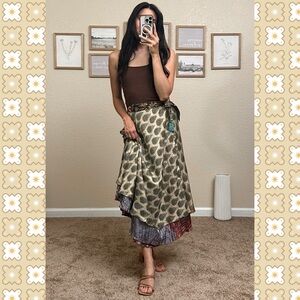 Reversible Layered Wrap Skirt in Olive and Cream / Blue and Red